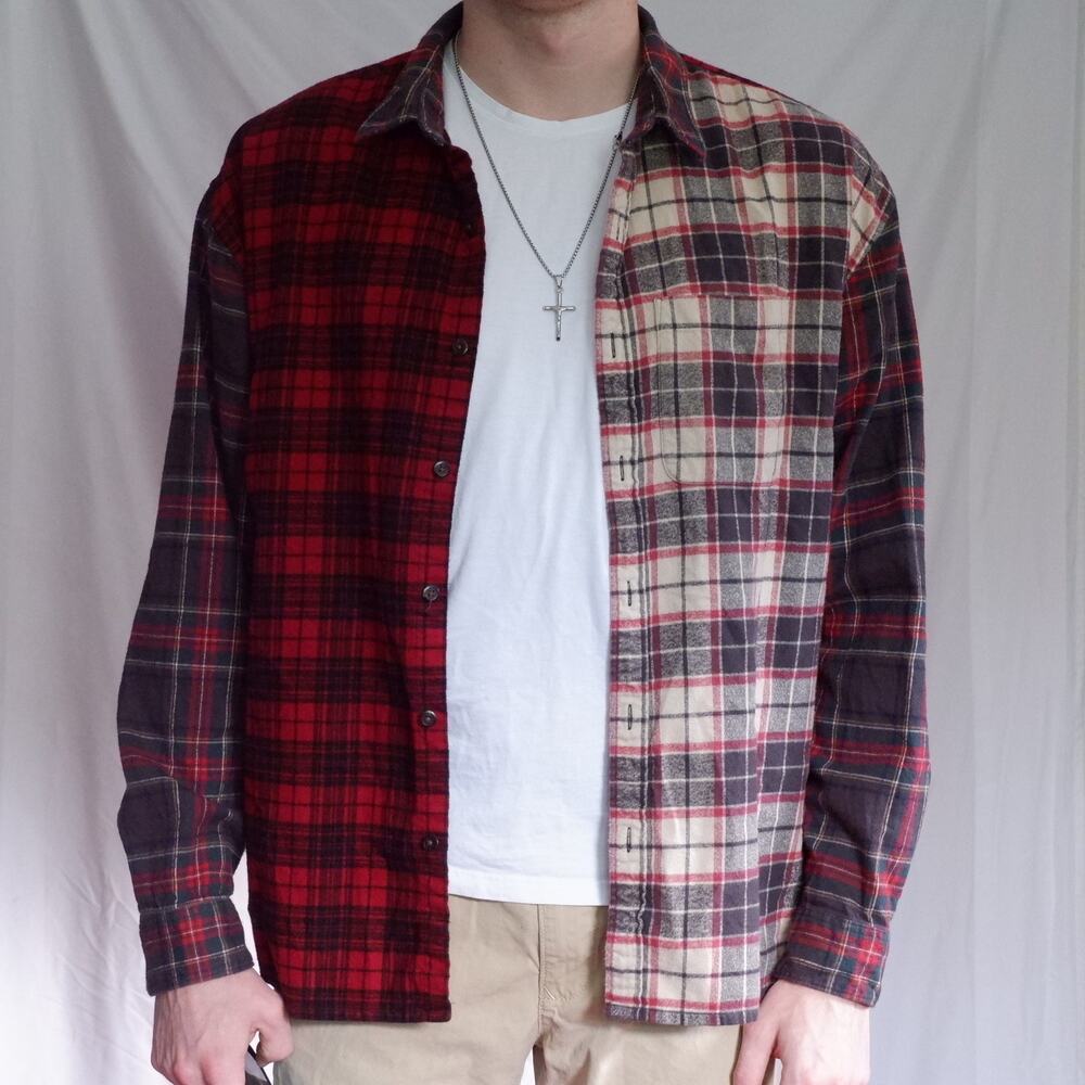 Abercrombie Patchwork Flannel L Red Mixed Plaid Grunge Streetwear